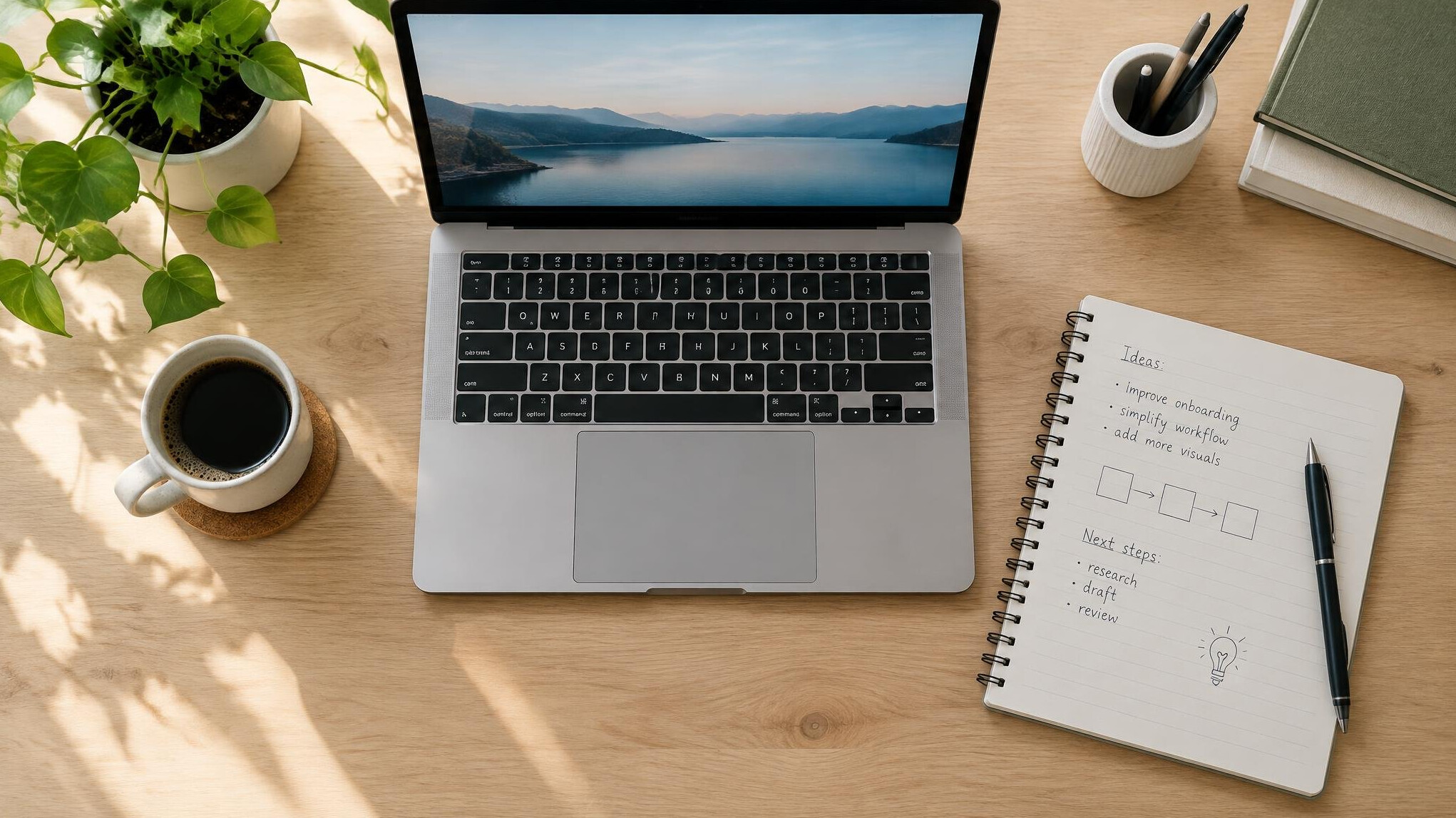 Desk with laptop, notebook and pen