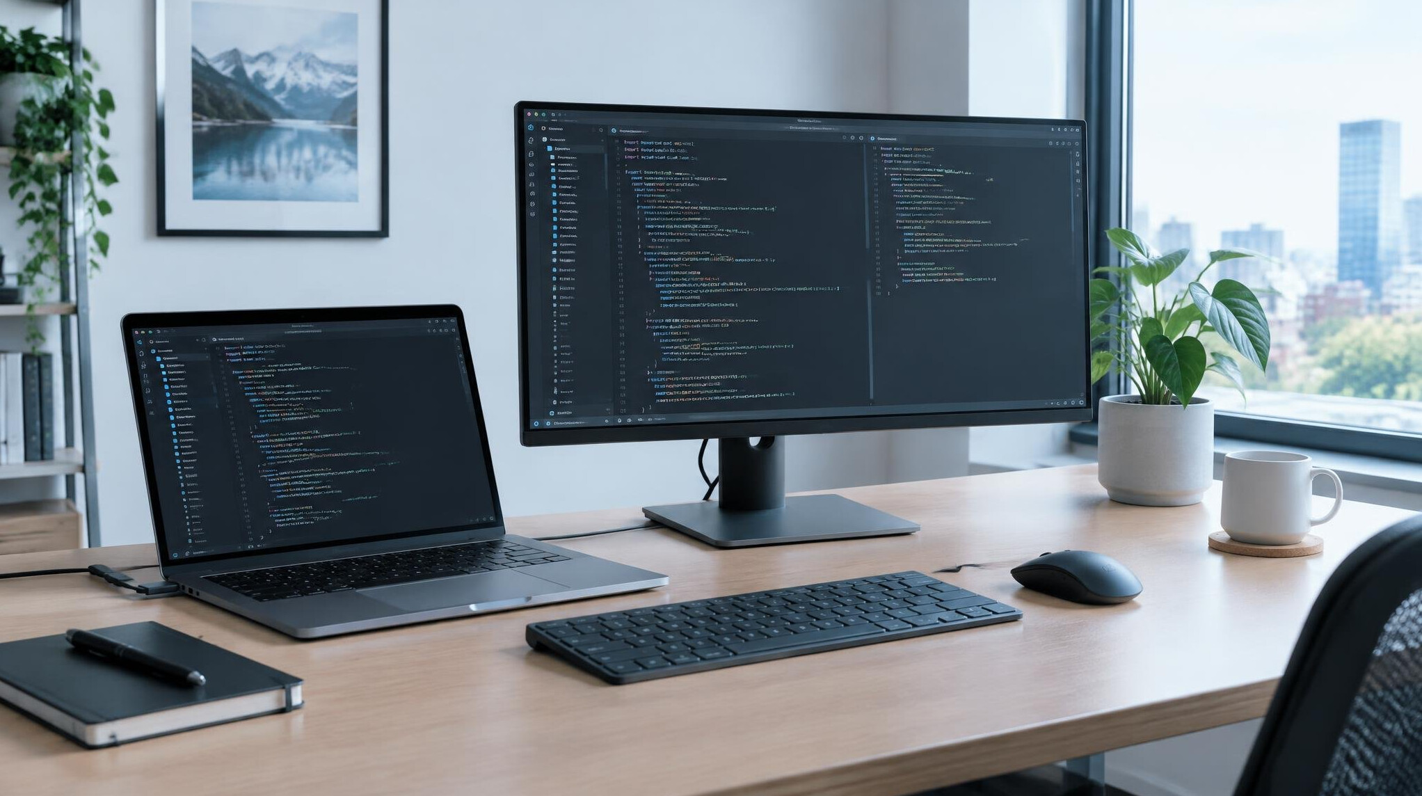 Laptop and monitor showing code on a desk